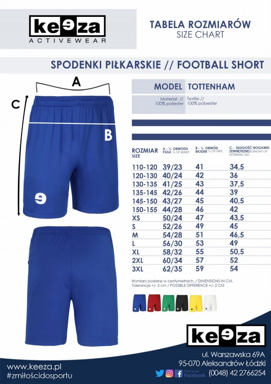 Spodenki Tottenham tabela rozmiarów