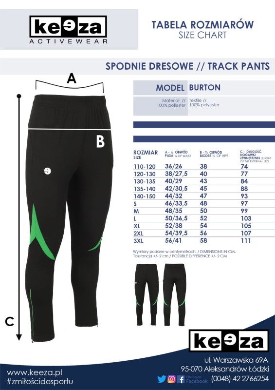 burton - spodnie tabela