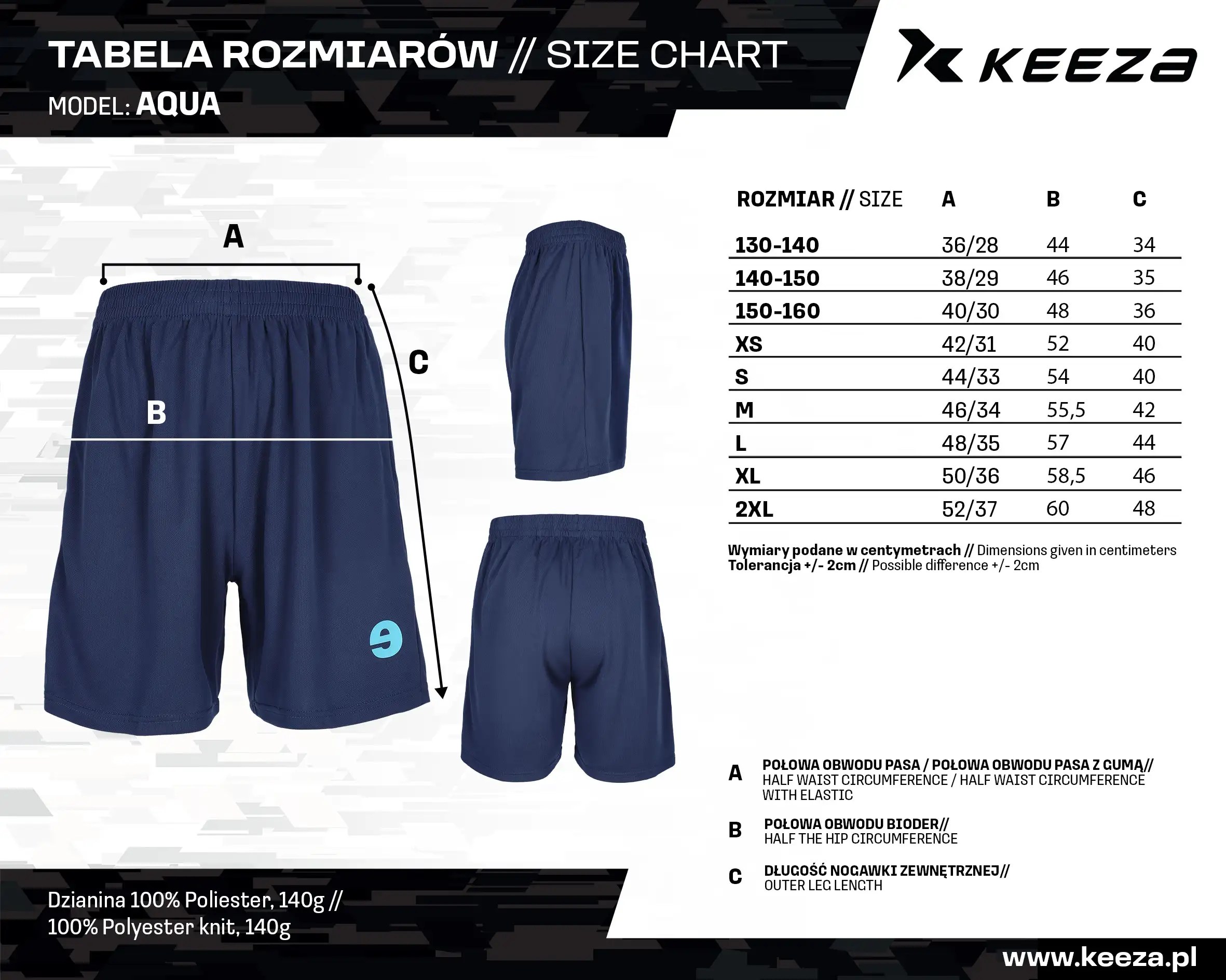 Spodenki piłkarskie tabela rozmiarów KEEZA